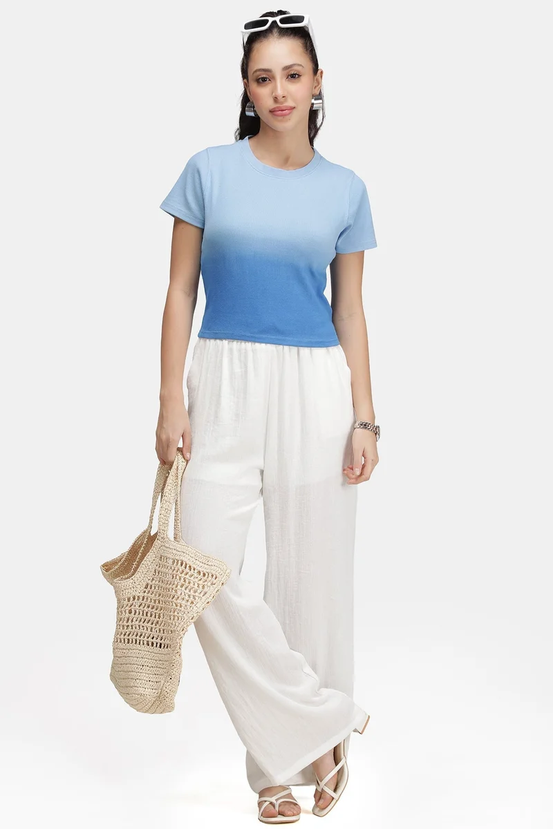 Virgio Solid Cotton Blue Ombre Dip Dye Rib Top for Women