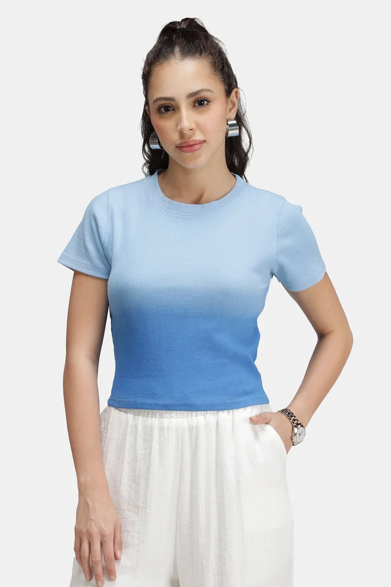 Virgio Solid Cotton Blue Ombre Dip Dye Rib Top for Women
