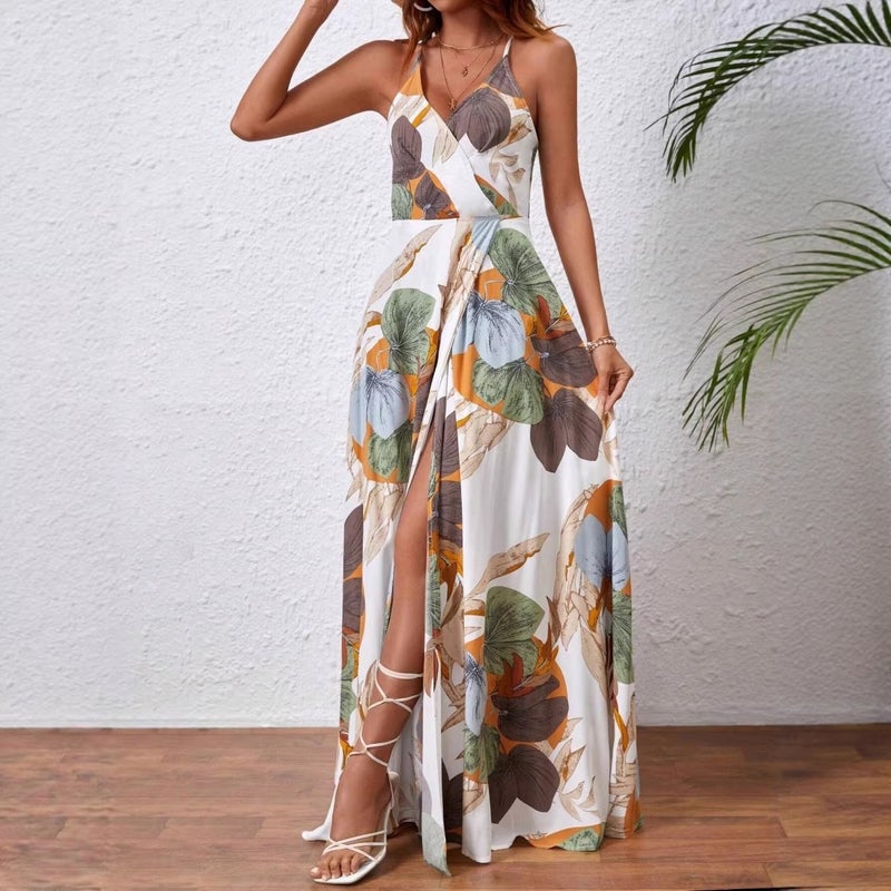 2026 Tropical Print Slit Halter Dress - Image 4