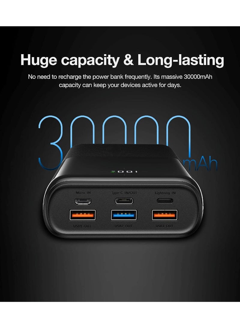 PD20W Portable Fast Charger Power Bank 30000mAh, 22.5W QC 3.0  USB 6-Port 3A Fast Charging,Support iPhone 13 Full Speed charging Smart LED Display black
