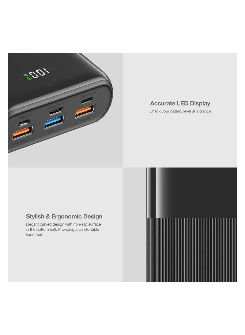 PD20W Portable Fast Charger Power Bank 30000mAh, 22.5W QC 3.0  USB 6-Port 3A Fast Charging,Support iPhone 13 Full Speed charging Smart LED Display black