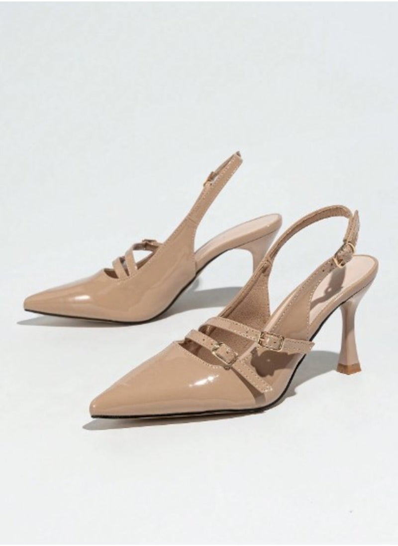 Shein Women's High Heel Thin Heel Pointed Toe Multi Strap Buckle Back Strap Pumps- Beige  - Image 3