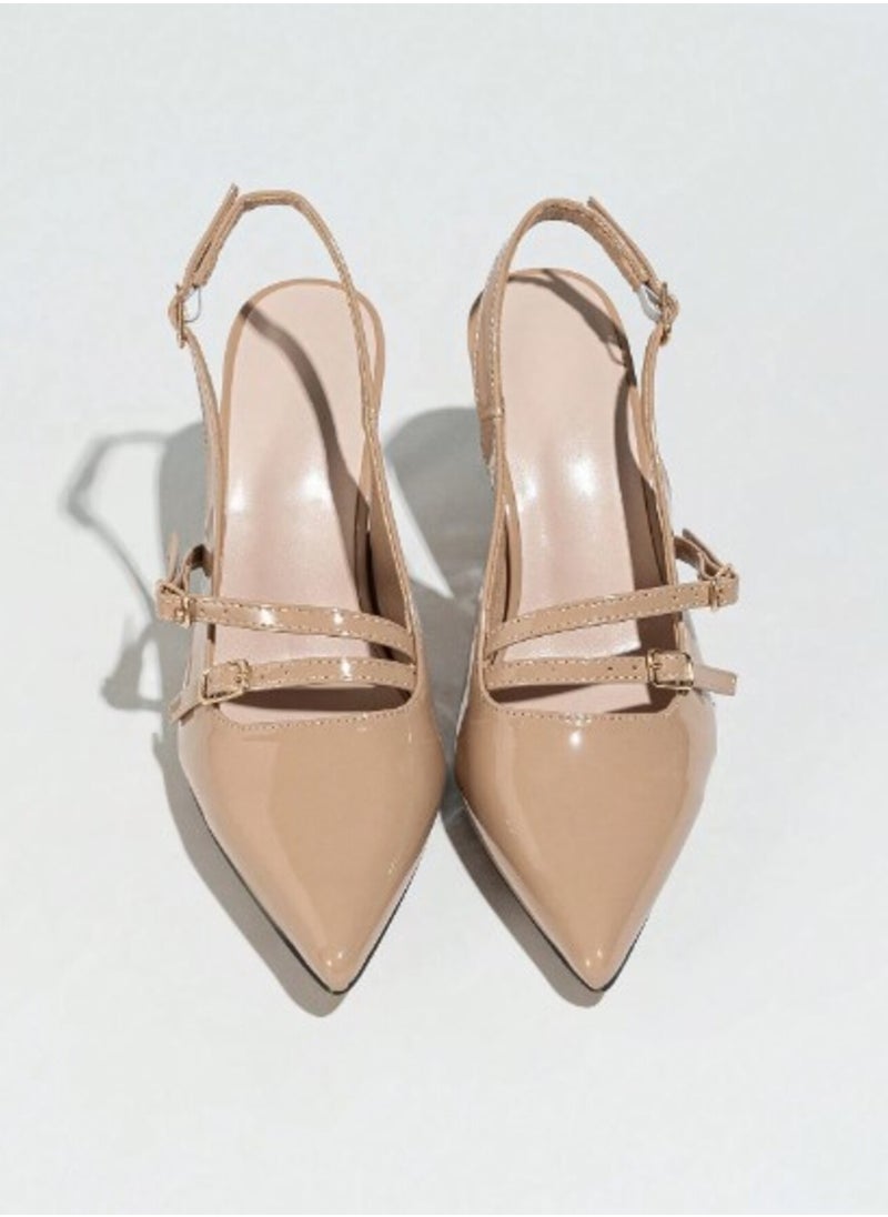 Shein Women's High Heel Thin Heel Pointed Toe Multi Strap Buckle Back Strap Pumps- Beige  - Image 2