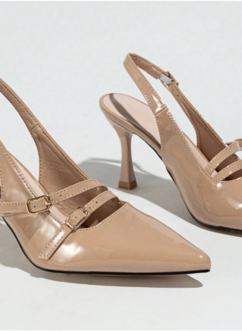 Shein Women's High Heel Thin Heel Pointed Toe Multi Strap Buckle Back Strap Pumps- Beige  - Image 5