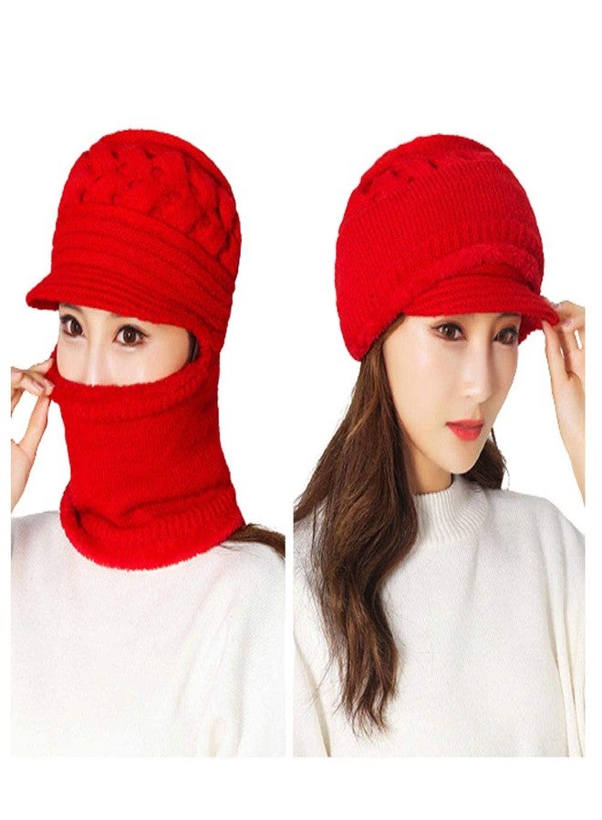 Krystle Women's Winter Warm Knit Hat Wool Snow Ski Visor Neckwarmer Cap (Red,Free Size) - Image 1