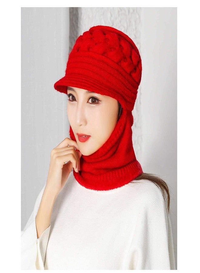 Krystle Women's Winter Warm Knit Hat Wool Snow Ski Visor Neckwarmer Cap (Red,Free Size) - Image 3