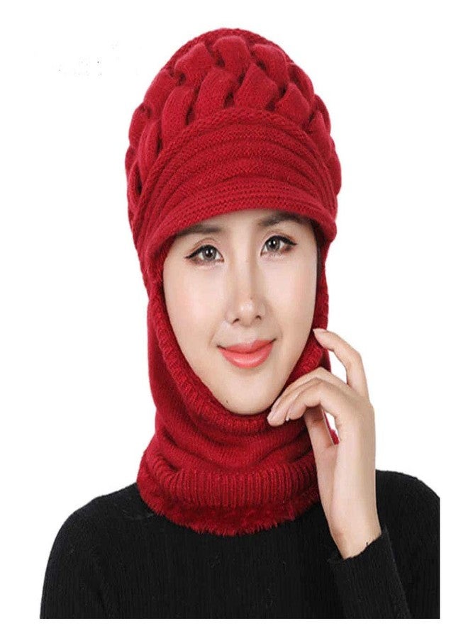 Krystle Women's Winter Warm Knit Hat Wool Snow Ski Visor Neckwarmer Cap (Red,Free Size) - Image 2