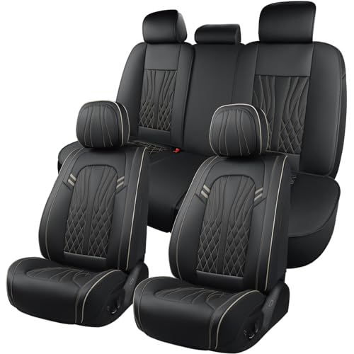 MINGBRON Leather Car Seat Covers 5 Pieces Full Set Universal Seat Covers for Cars Waterproof Nappa Leather Auto Seat Protectors Black Car Seat Cover Most Sedans SUV Pickup Truck BlackBeigeLine - Image 1
