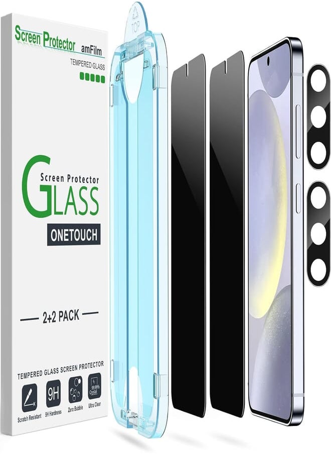 Amfilm amFilm Auto-Alignment OneTouch for Samsung Galaxy S24+/S24 Plus 6.7" Privacy Screen Protector + Camera Lens Protector, Tempered Glass, 30 Seconds Installation, Bubble Free, Privacy Protection 2+2 Pack 