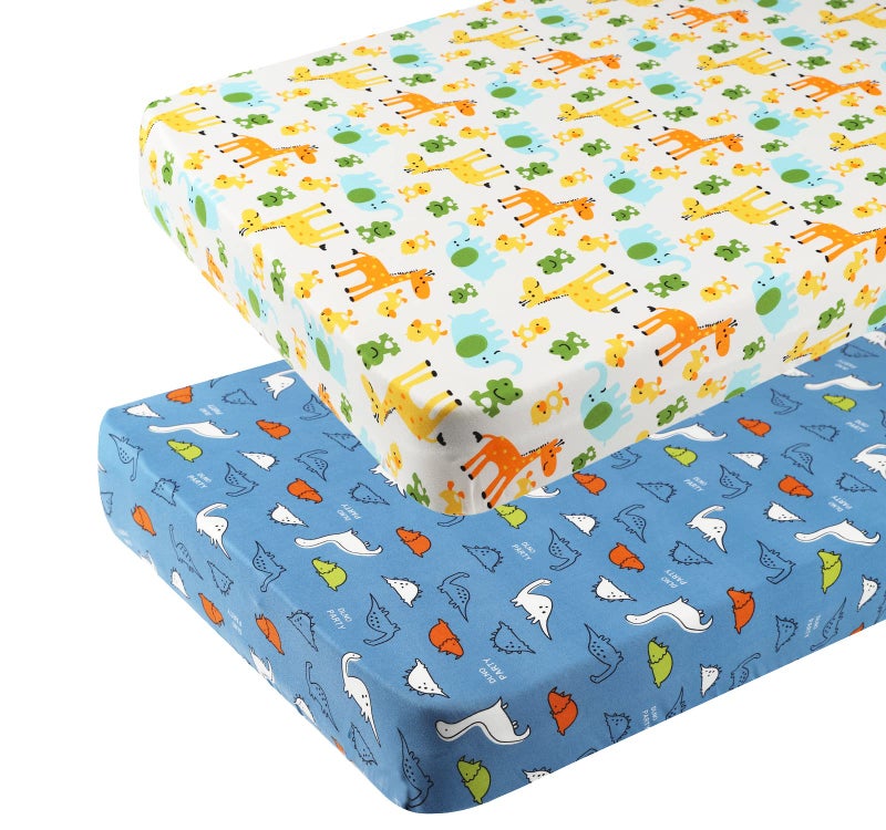 Knlpruhk Dinosaur Pack n Play Stretchy Fitted Playard Sheet Set 2 Pack Jersey Knit Ultra Soft Portable Mini Crib Sheets for Baby Boy Girl Elephant Giraffe Frogs by Knlpruhk