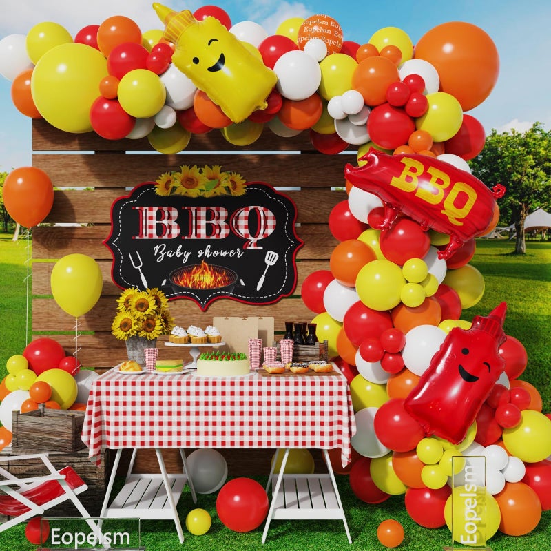 Eopelsm BBQ Balloon Garland Arch Kit 145Pcs Red and Yellow Balloons with BBQ Pig and Sauce Bottle Foil Balloons for Picnic Boy or Girl Barbeque Gender Reveal Baby Q Baby Shower Party Decorations - Image 2