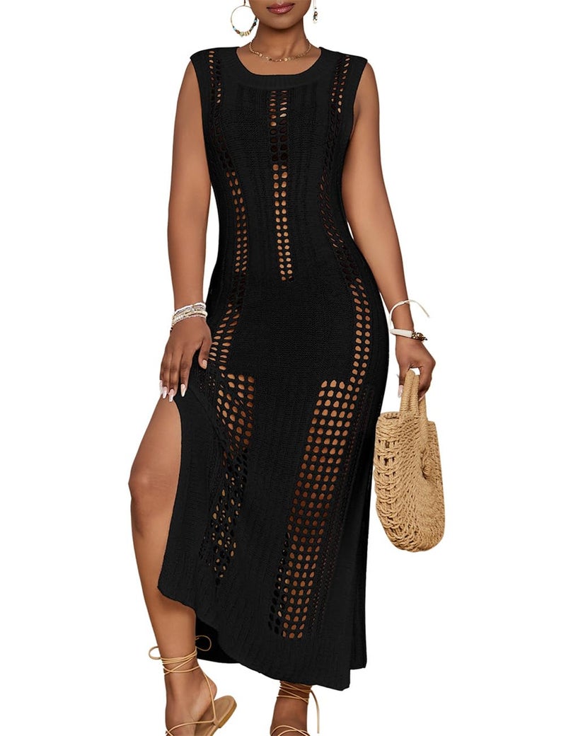 Bsubseach Crochet Beach Cover Ups for Women Sleeveles Swimsuit Coverups Hollow Out Summer Knit Bikini Beachwear Black XL - Image 1
