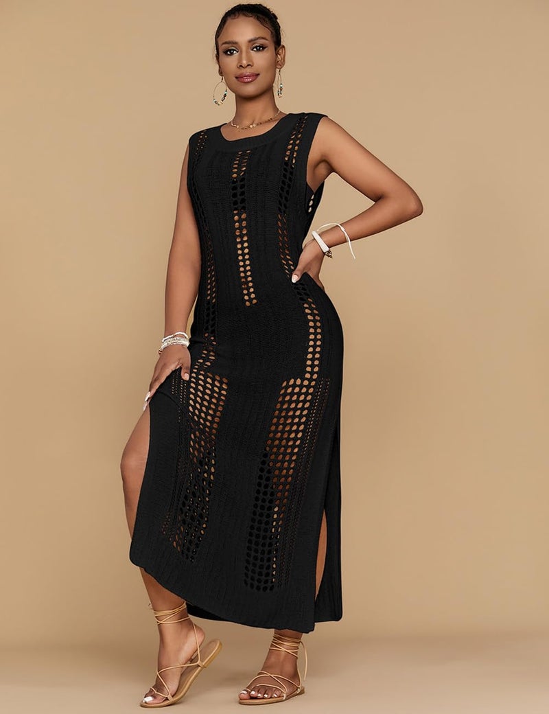 Bsubseach Crochet Beach Cover Ups for Women Sleeveles Swimsuit Coverups Hollow Out Summer Knit Bikini Beachwear Black XL - Image 3