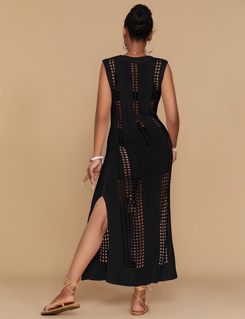 Bsubseach Crochet Beach Cover Ups for Women Sleeveles Swimsuit Coverups Hollow Out Summer Knit Bikini Beachwear Black XL - Image 5