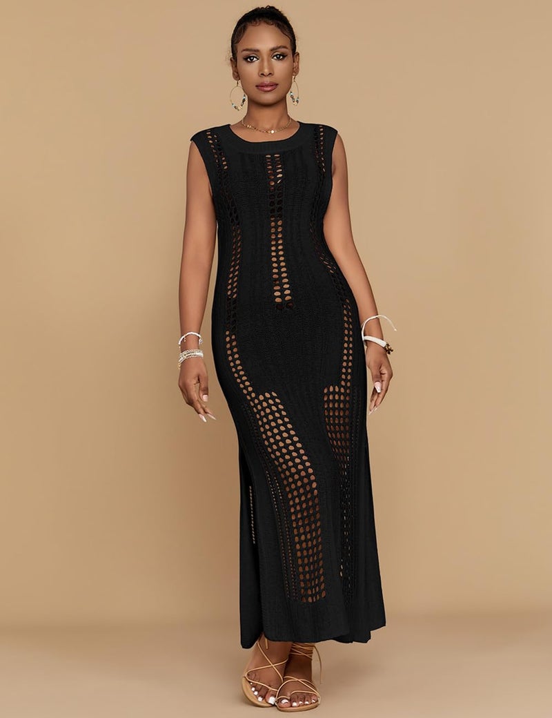 Bsubseach Crochet Beach Cover Ups for Women Sleeveles Swimsuit Coverups Hollow Out Summer Knit Bikini Beachwear Black XL - Image 2
