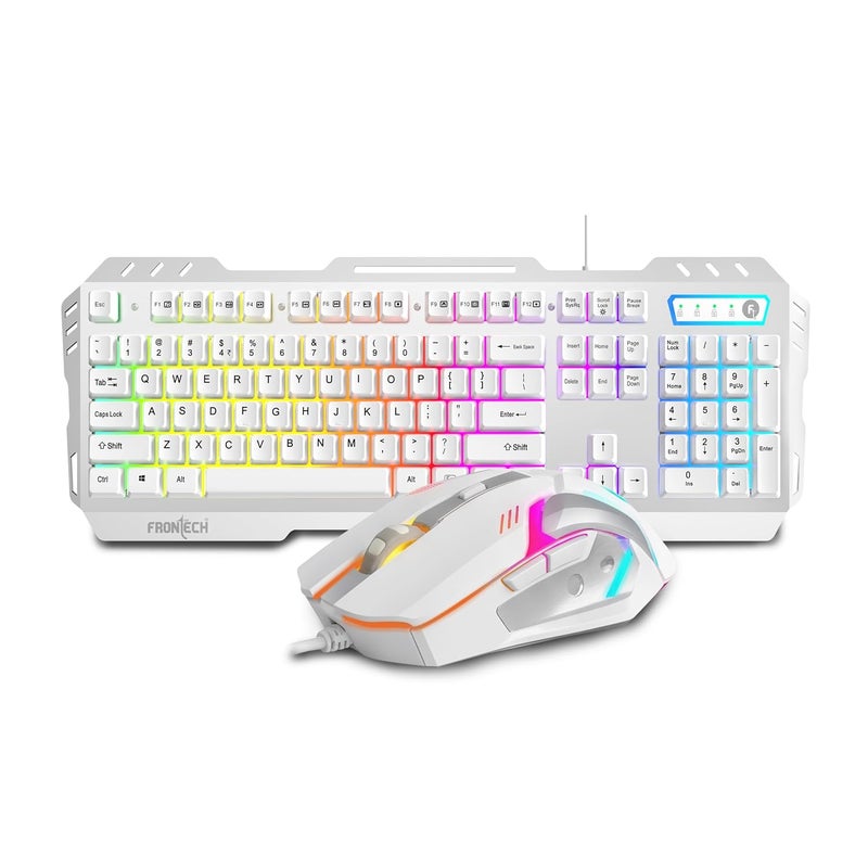 FRONTECH Metal Warrior Gaming Combo | Rainbow Backlit Aluminium Keyboard with 19 Anti-Ghosting Keys | 7200 DPI Adjustable Optical Mouse | Ergonomic Design | 1-Year Warranty (KB-0009) (White) - Image 1