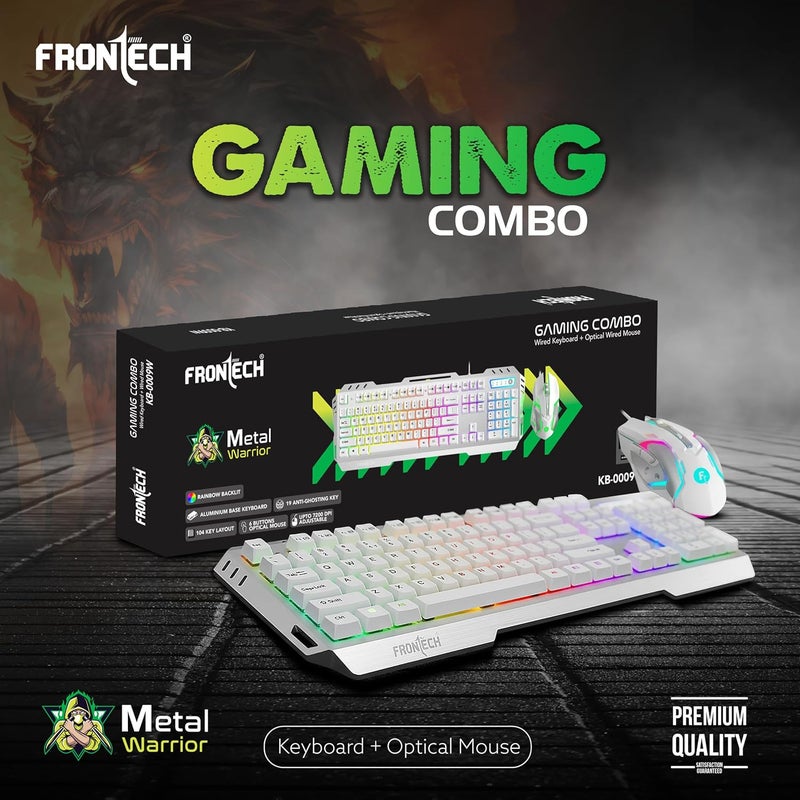 FRONTECH Metal Warrior Gaming Combo | Rainbow Backlit Aluminium Keyboard with 19 Anti-Ghosting Keys | 7200 DPI Adjustable Optical Mouse | Ergonomic Design | 1-Year Warranty (KB-0009) (White) - Image 2