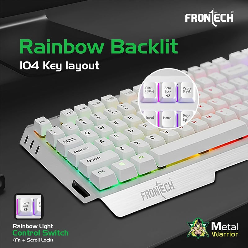 FRONTECH Metal Warrior Gaming Combo | Rainbow Backlit Aluminium Keyboard with 19 Anti-Ghosting Keys | 7200 DPI Adjustable Optical Mouse | Ergonomic Design | 1-Year Warranty (KB-0009) (White) - Image 3
