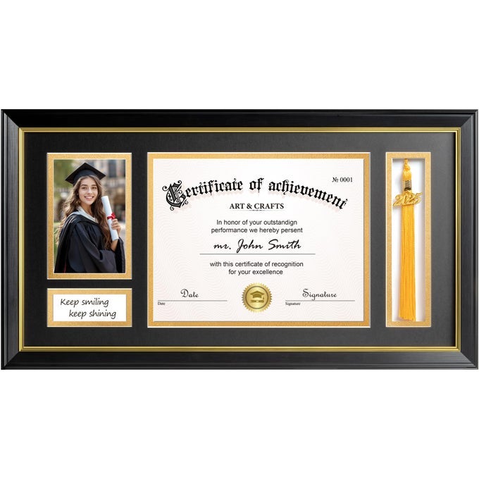 11X22 DIPLOMA FRAME WITH TASSEL HOLDER FOR 85X11 CERTIFICATE DOCUMENT 4X6 PHOTO WITH HIGH DEFINITION GLASS BLACK MAT OVER GOLD ACIDFREE MAT BLACK GRADUATION FRAME 2025