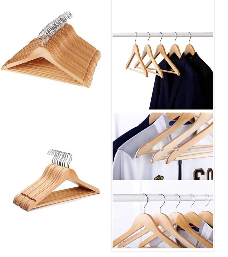 PURAM Cloth Hanger with Non Slip Bar Wardrobe Multi Functional Solid Wooden SuitShirt Pants Coat Hangers with 2 Shoulder Notches 360 Degree Swivel Hook 6 - Image 2