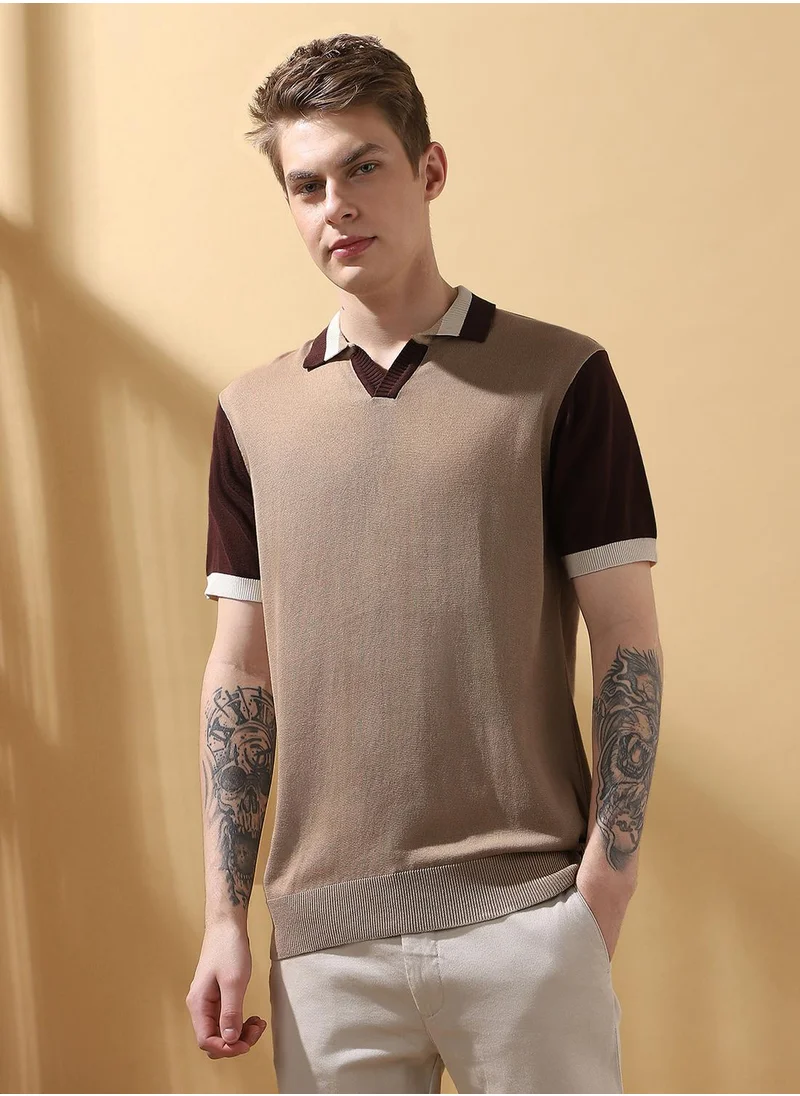 Dennis Lingo Men's Oat Milk 100% Cotton Colour Blocked Regular Fit T-Shirt