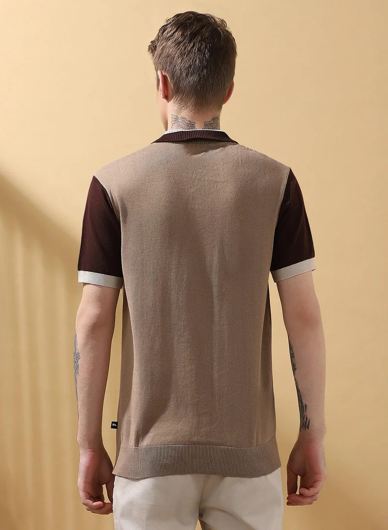 Dennis Lingo Men's Oat Milk 100% Cotton Colour Blocked Regular Fit T-Shirt