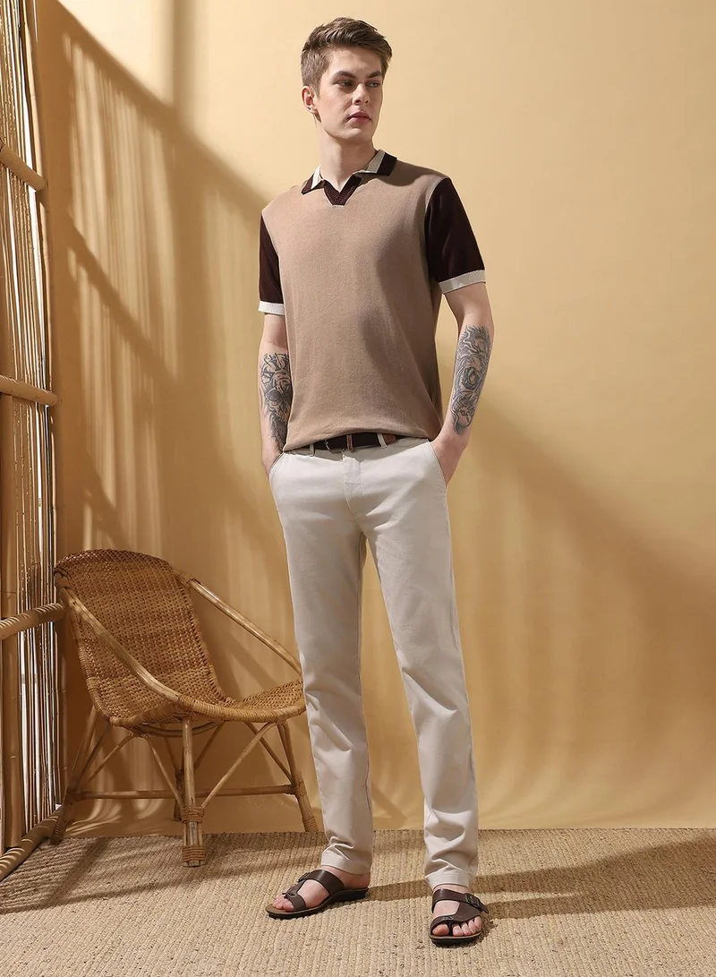 Dennis Lingo Men's Oat Milk 100% Cotton Colour Blocked Regular Fit T-Shirt