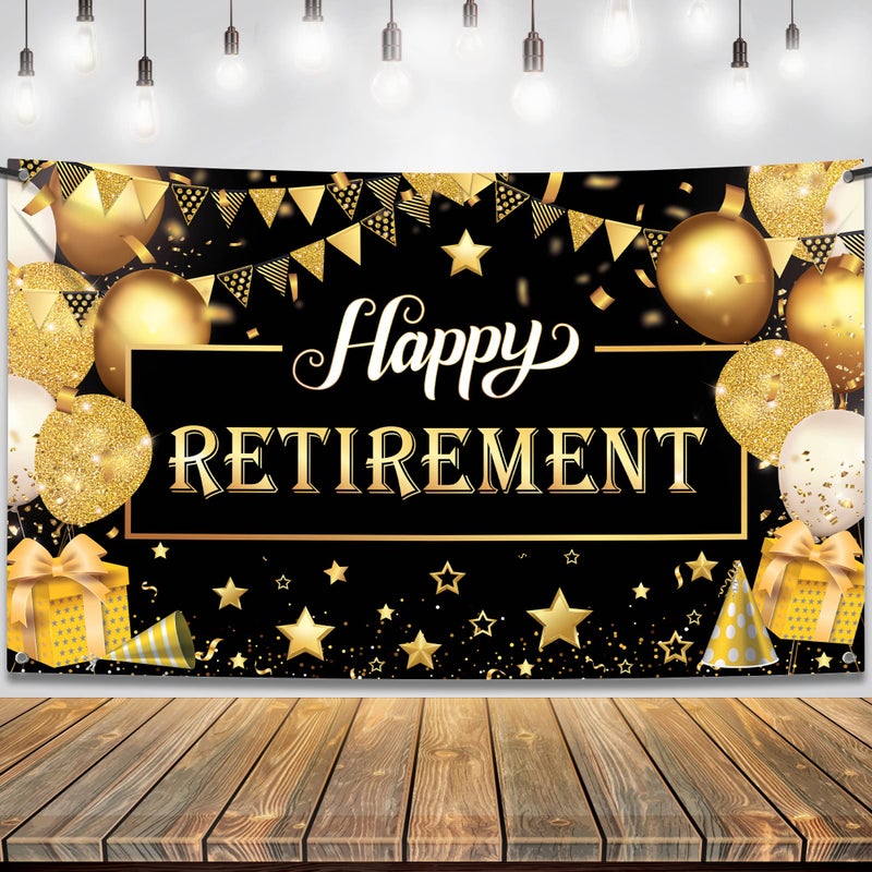 Katchon, Happy Retirement Banner - Black & Gold Xtralarge, 72x44 Inch | Wall Banner for Retirement Party Decorations | Black and Gold Party Decorations for Men and Women - Image 1