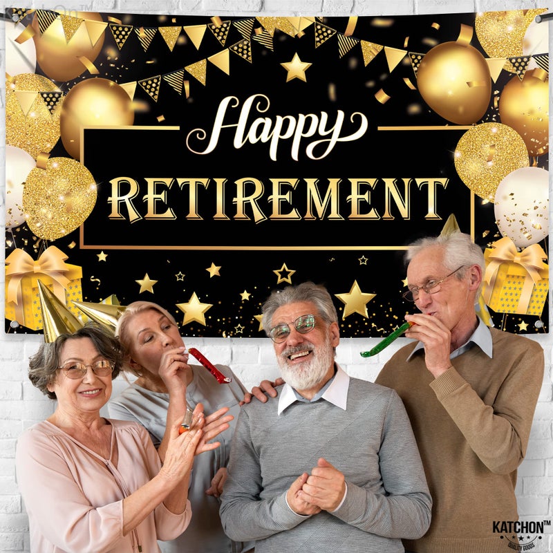 Katchon, Happy Retirement Banner - Black & Gold Xtralarge, 72x44 Inch | Wall Banner for Retirement Party Decorations | Black and Gold Party Decorations for Men and Women - Image 2