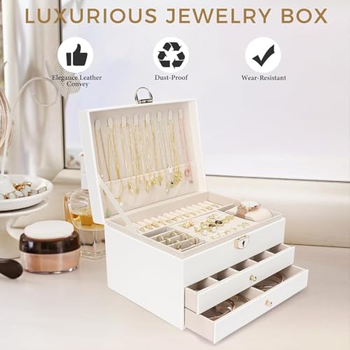 Vlando 3 Layer Jewellery Organiser Box, Large PU Leather Jewelry Storage Case With Drawers, Earrings, Rings, Necklaces Holder | Luxury Jewellery Box For Women & Girls Gift (White) - Image 3