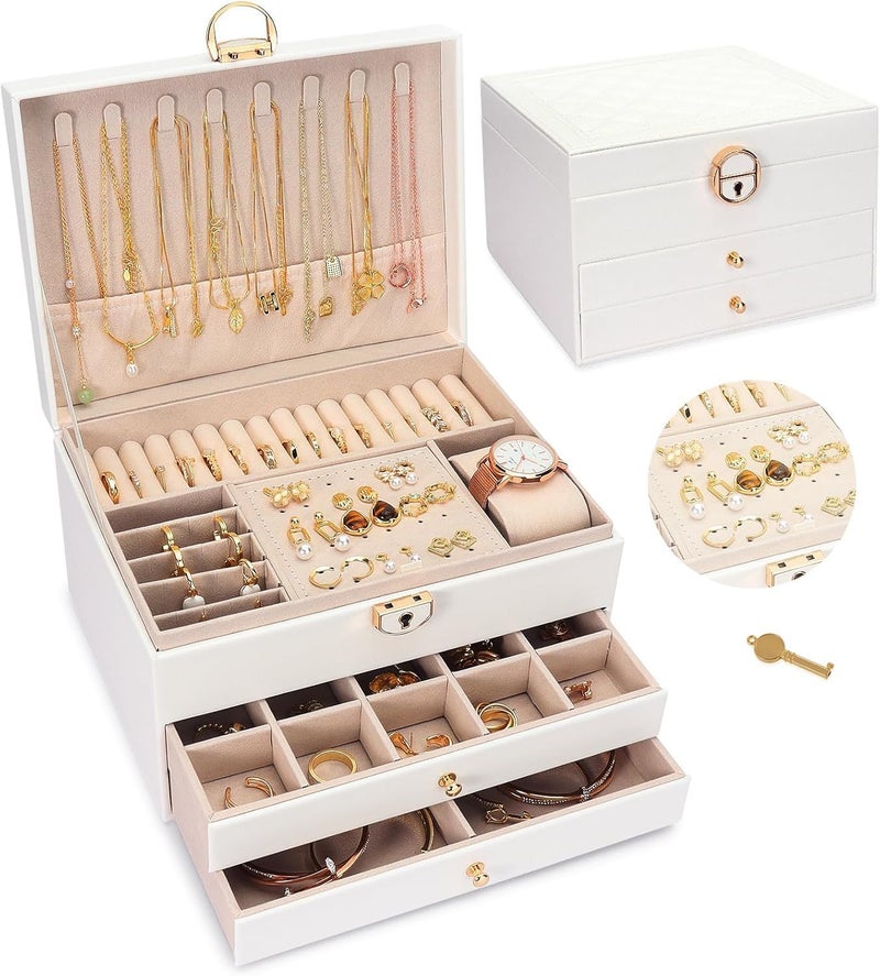 Vlando 3 Layer Jewellery Organiser Box, Large PU Leather Jewelry Storage Case With Drawers, Earrings, Rings, Necklaces Holder | Luxury Jewellery Box For Women & Girls Gift (White) - Image 1