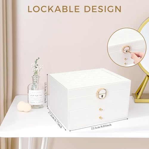 Vlando 3 Layer Jewellery Organiser Box, Large PU Leather Jewelry Storage Case With Drawers, Earrings, Rings, Necklaces Holder | Luxury Jewellery Box For Women & Girls Gift (White) - Image 2