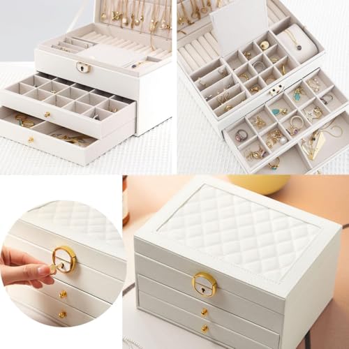 Vlando 3 Layer Jewellery Organiser Box, Large PU Leather Jewelry Storage Case With Drawers, Earrings, Rings, Necklaces Holder | Luxury Jewellery Box For Women & Girls Gift (White) - Image 4