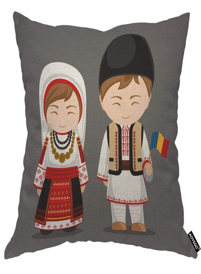 AOYEGO Romanians Throw Pillow Cover Couple Folk Flag Smile Man and Woman Traditional Costume Cartoon Pillow Case 18x18 Inch Decorative Men Women Room Cushion Cover for Home Couch Bed - Image 1