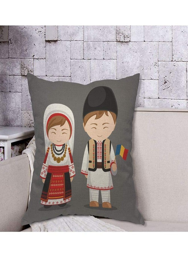 AOYEGO Romanians Throw Pillow Cover Couple Folk Flag Smile Man and Woman Traditional Costume Cartoon Pillow Case 18x18 Inch Decorative Men Women Room Cushion Cover for Home Couch Bed - Image 4