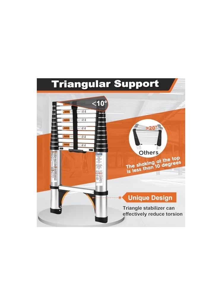 SS - SS Tech Telescoping Ladders 12.5 FT Aluminum Button Retraction Extension Ladder with 2 Triangle Stabilizers, Multi-Purpose Ladder with Slow Down Design, 330lbs Max Capacity for House Daily Life - Image 1