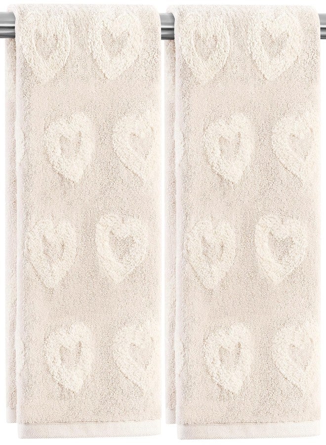 Quera 2 Pack Valentine's Day Hand Towels Beige Heart 3D Embroidered Cotton Bathroom Decorative Towels Set for Drying, Cleaning, Cooking, Holiday 13.7'' x 29.5'' - Image 1