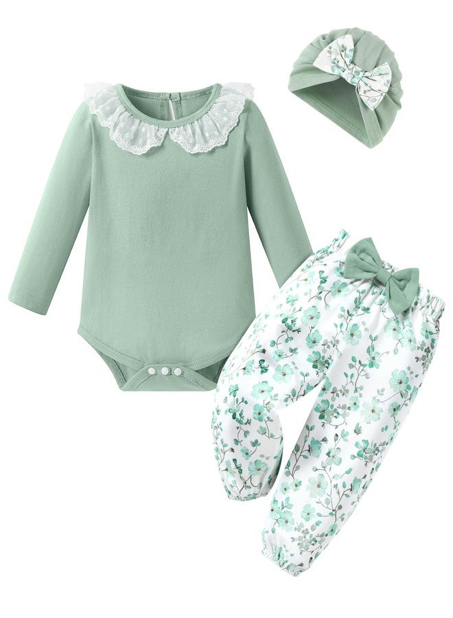 WESIDOM Baby Girl Clothes 0-24M Newborn Girls Outfits Lace Romper+Floral Pants+Cute Bow Hat Infant Babys Clothing 3Pcs Set - Image 1