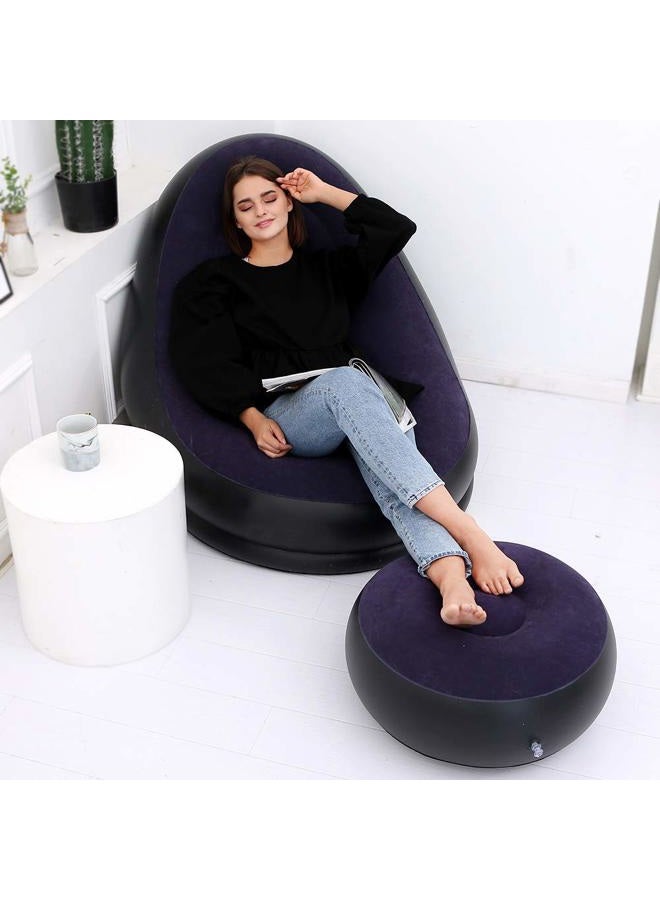 MENGDUO Inflatable Leisure Sofa Chair and Footstool Outdoor Folding Lounger Sofa Flocking Lazy Couch (Navy) - Image 3