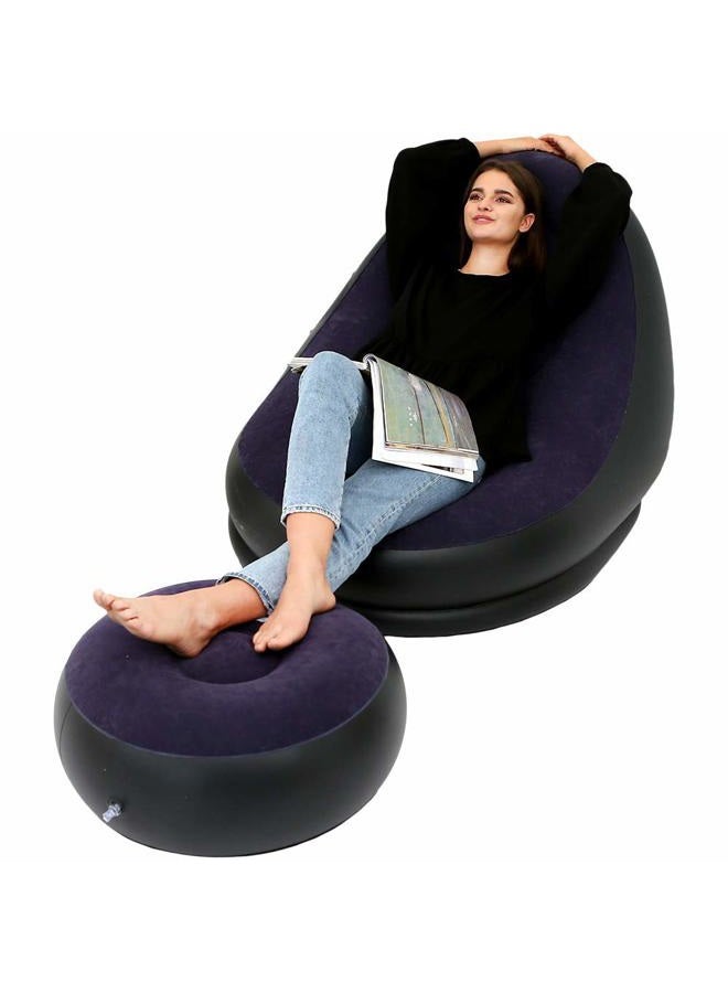 MENGDUO Inflatable Leisure Sofa Chair and Footstool Outdoor Folding Lounger Sofa Flocking Lazy Couch (Navy) - Image 1