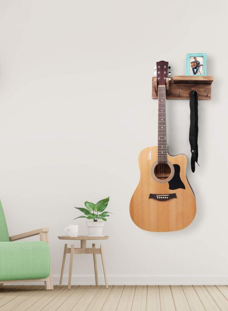LOOPITYS Wall Mount Guitar Hanger Shelf with Pick Holder and 3 Hooks - wood Carbonized Black Guitar Holder for Acoustic stand, Electric stand, Bass stand, Ukulele stand - Image 2