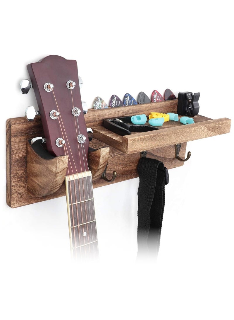 LOOPITYS Wall Mount Guitar Hanger Shelf with Pick Holder and 3 Hooks - wood Carbonized Black Guitar Holder for Acoustic stand, Electric stand, Bass stand, Ukulele stand - Image 1