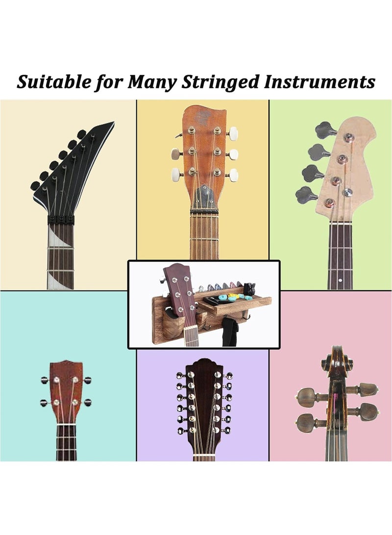 LOOPITYS Wall Mount Guitar Hanger Shelf with Pick Holder and 3 Hooks - wood Carbonized Black Guitar Holder for Acoustic stand, Electric stand, Bass stand, Ukulele stand - Image 5