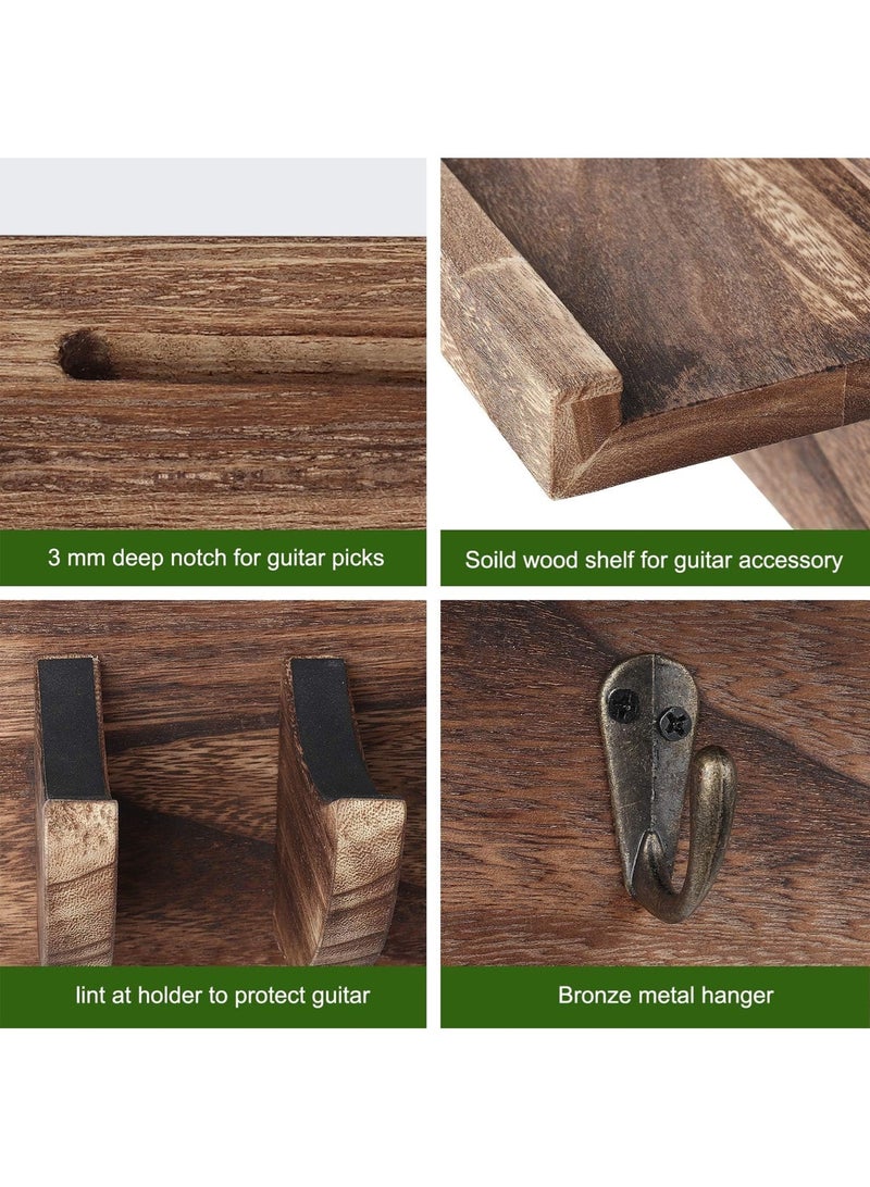 LOOPITYS Wall Mount Guitar Hanger Shelf with Pick Holder and 3 Hooks - wood Carbonized Black Guitar Holder for Acoustic stand, Electric stand, Bass stand, Ukulele stand - Image 3