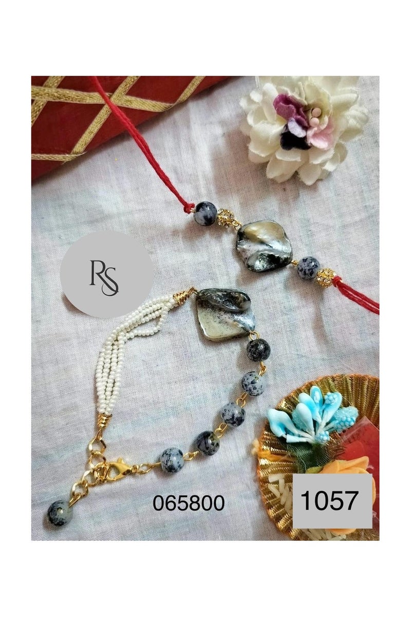 Traditional Rakhi Bracelet Set with blue Beads and Pearl Design, Indian Festival Raksha Bandhan Gift for Brother and Bhabhi