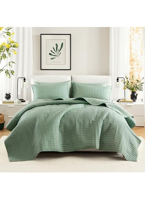 Comfort Spaces Comfort Spaces Kienna Quilt SetLuxury Double Sided Stitching Design Summer Blanket Lightweight Soft All Season Bedding Layer Matching Sham Sage Green Coverlet FullQueen90x90 3 Piece 