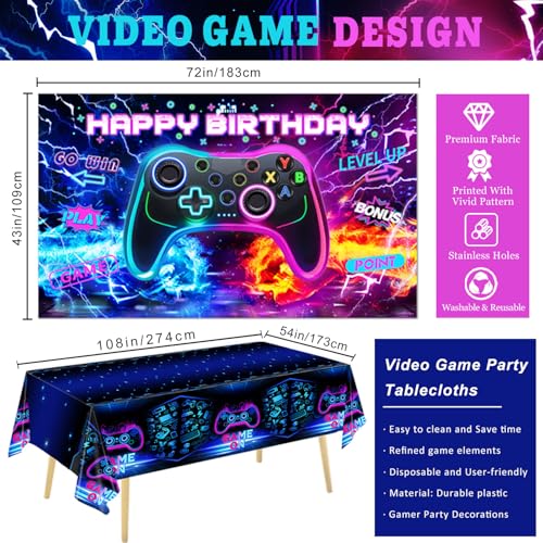 QIYANPAX Video Game Birthday Decorations - Game Birthday Party Decorations Includes Backdrop, Foil Balloons, Tablecloth, Cake Toppers, Balloon Arch Kit for Boy Game Birthday Party - Image 3