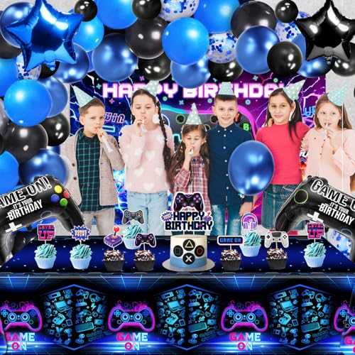 QIYANPAX Video Game Birthday Decorations - Game Birthday Party Decorations Includes Backdrop, Foil Balloons, Tablecloth, Cake Toppers, Balloon Arch Kit for Boy Game Birthday Party - Image 5