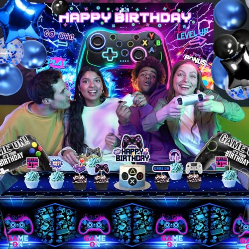 QIYANPAX Video Game Birthday Decorations - Game Birthday Party Decorations Includes Backdrop, Foil Balloons, Tablecloth, Cake Toppers, Balloon Arch Kit for Boy Game Birthday Party - Image 4