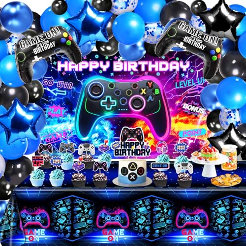 QIYANPAX Video Game Birthday Decorations - Game Birthday Party Decorations Includes Backdrop, Foil Balloons, Tablecloth, Cake Toppers, Balloon Arch Kit for Boy Game Birthday Party - Image 1